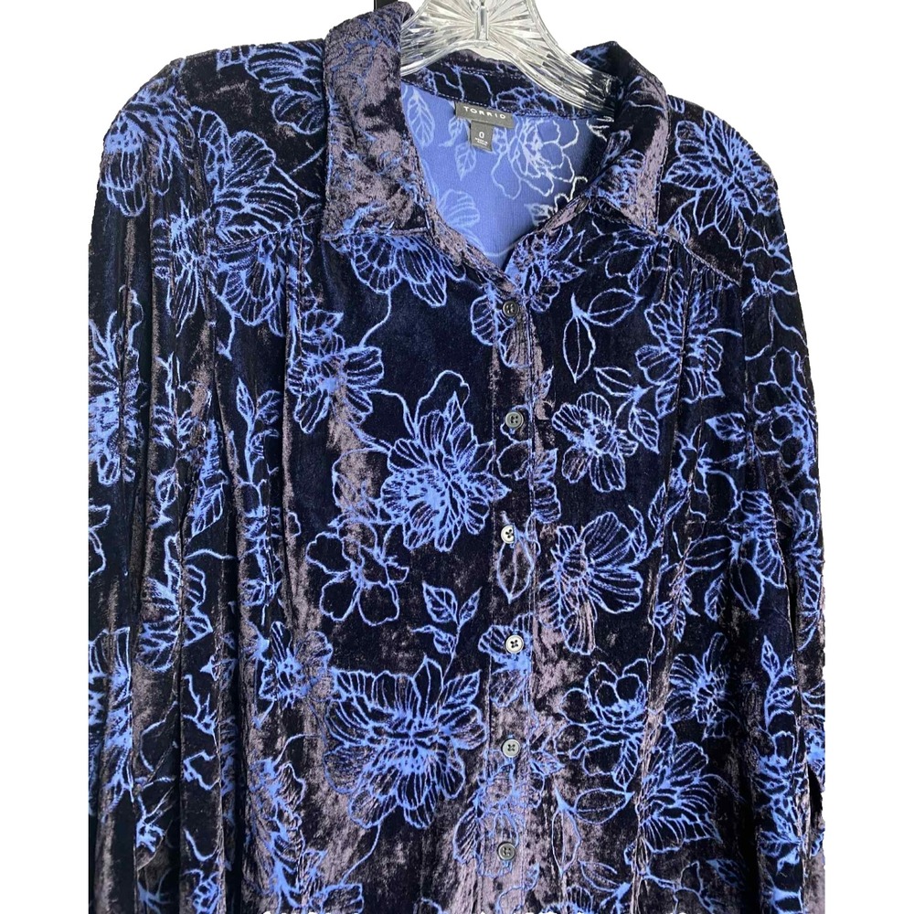 Torrid Women's Blue Madison Blouse Velvet Burnout Button Up Size 0X Dressy Luxe - Picture 2 of 8